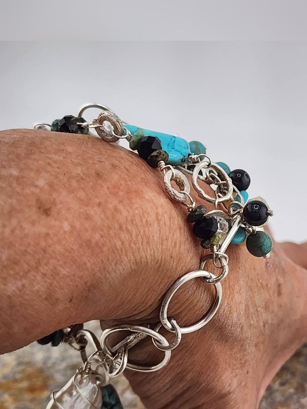 BANGLE HANDMADE BRACELET TURQUOISE, ONYX & PEARLS HANDMADE IN STERLING SILVER - Picture 11 of 14